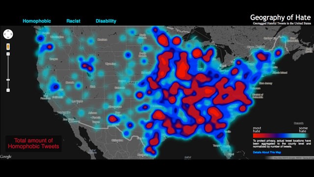 PHOTO: This U.S. map pinpoints hateful speech in tweets.