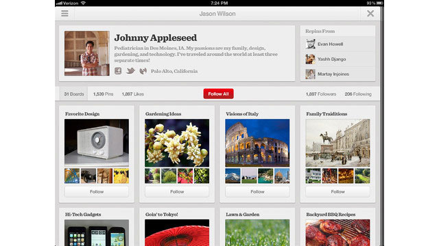 PHOTO: Pinterest for the iPad lets you collect items and put them on your boards.