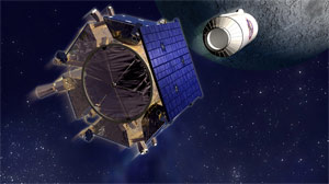 PHOTO An artists conception of the LCROSS space probe, trailing its Centaur booster rocket on a crash course toward the moon is shown.