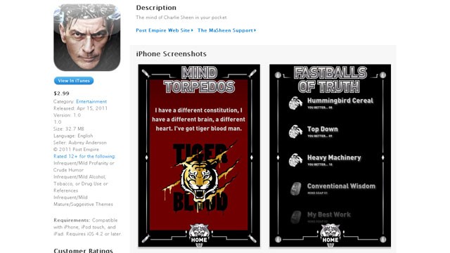 PHOTO: Charlie Sheen debuts "The Masheen" iPhone app on iTunes.