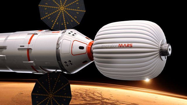 PHOTO: Artist's conception of a ship that entrepreneurs say they hope would take two astronauts -- a married couple -- on a flight past Mars in 2018.