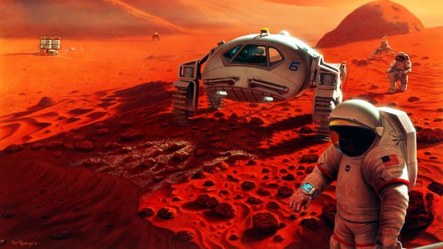 PHOTO: Two astronauts stop to inspect a robotic lander in this artist's illustration of a future Mars mission.