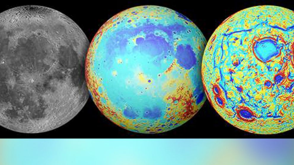 PHOTO: Earths moon is pictured as observed in visible light, left, topography, center, and the GRAIL gravity gradients, right.