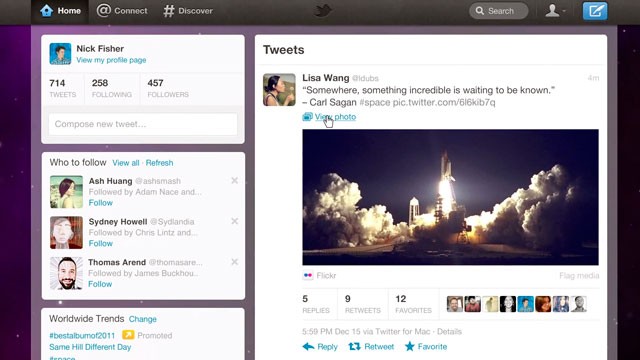PHOTO: Twitter is introducing a newly re-designed site. Chief among the changes are tabs across the top of the screen -- Home, Connect and Discover.