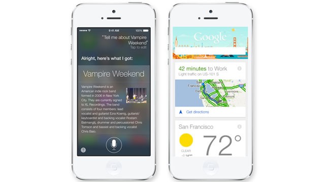 PHOTO: Apples new Siri pictured left, Google Now pictured right.