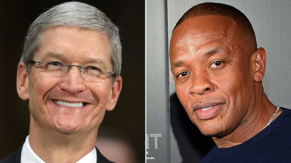 PHOTO: Apple CEO Tim Cook during the keynote address during the Apple Worldwide Developers Conference, June 10, 2013 in San Francisco, Calif. | Dr. Dre arrives at a Beats by Dr. Dre CES after party, Jan. 9, 2014 in Las Vegas, Nevada.