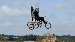 PHOTO: Test pilot Kester Haynes rides the XploreAir X1, the world first production flying bicycle, June 5, 2013.