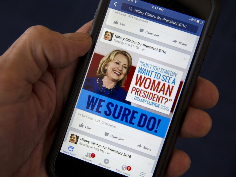PHOTO: A mobile phone shows a Facebook page promoting Hillary Clinton for president in 2016, photographed on April 13, 2015.