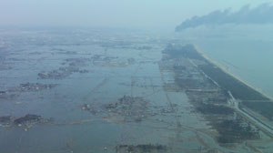 The coastline of Sendai, Japan as seen from above.