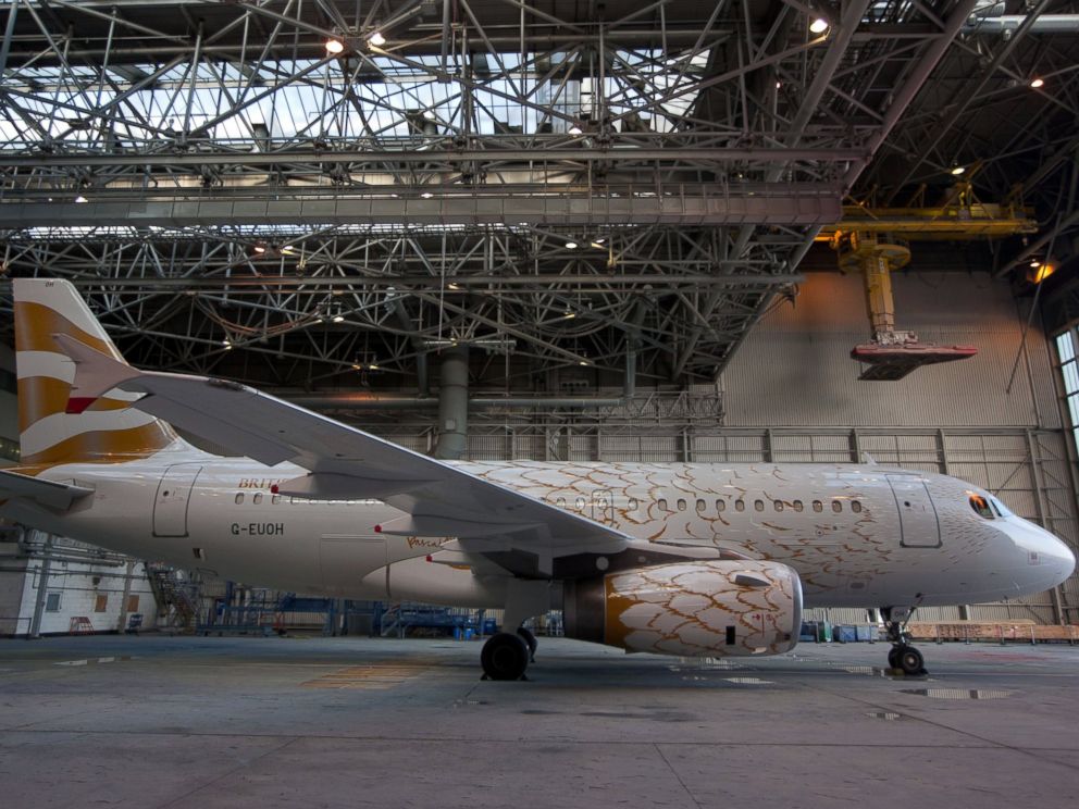 PHOTO: A British Airways Airbus A319 aircraft displaying The Dove celebratory Olympics livery stands in a hangar at Heathrow airport in London, April 3, 2012.