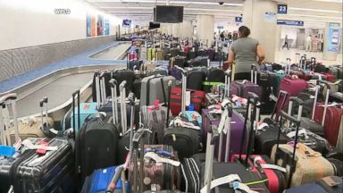 Many people showed up and checked bags for flights yesterday that were later canceled, leaving hundreds upon hundreds of bags unclaimed at the Miami airport.