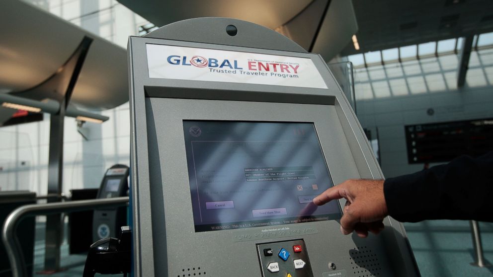 PHOTO: An officer with the US Customs and Border Protection demonstrates a new arrivals processing kiosk at Newark International Airport in this Aug. 24, 2009, file photo in Newark, New Jersey.