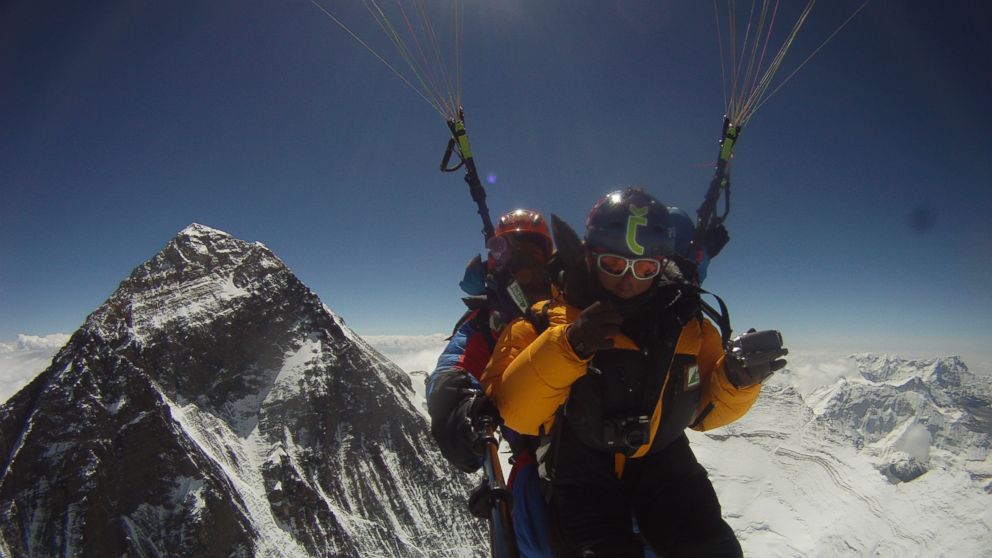 PHOTO: In a never before attempted feat, two Nepalis Sanobabu Sunuwar and Lakpa Tshiri Sherpa set their sights on paragliding from Everests summit and then taking a 700-mile kayaking trip on the Ganges River to the Indian Ocean.