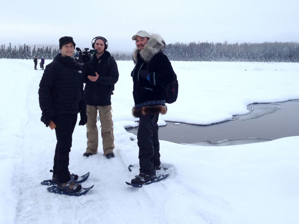 PHOTO: ABCs Neal Karlinsky, left, with Nightline producer Michael Cappetta, center, stand with Eddie Ahyakak during their trek through the Alaskan wilderness.
