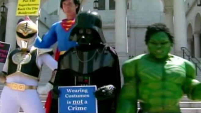 VIDEO: Costumed characters protest Los Angeles police ban on unlicensed performers.