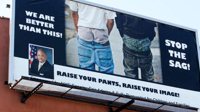 PHOTO: A "Stop the Sag!" billboard is seen on the side of a building on Sterling Place and Franklin Avenue in Brooklyn, N.Y., April 1, 2010.