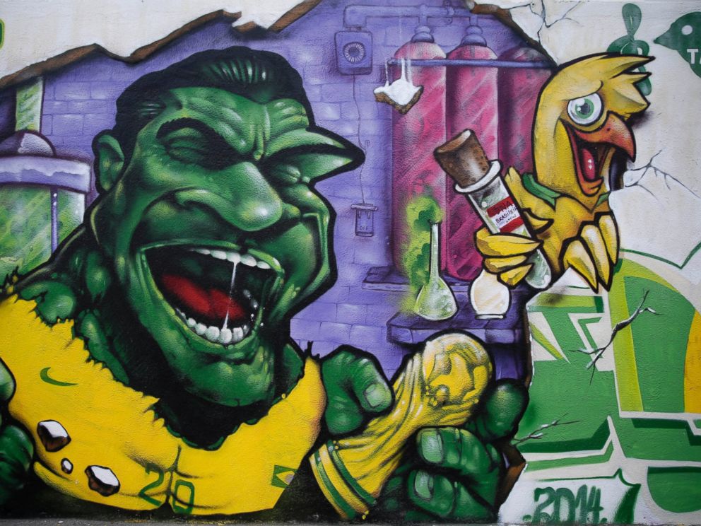 PHOTO: A wall decorated with a mural depicting Brazilian soccer player Hulk, stands in Rio de Janeiro, Brazil, May 27, 2014.