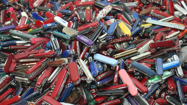 PHOTO: n this Sept. 26, 2006, file photo, knives of all sizes and types are piled in a box at the State of Georgia Surplus Property Division store in Tucker, Ga.