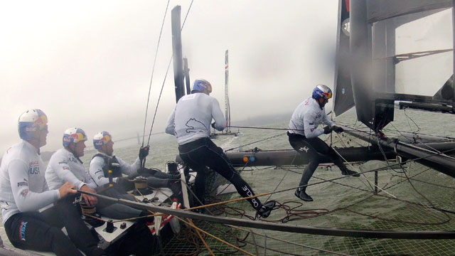 PHOTO: The Oracle Racing Team skippered by James Spithill trains on a AC45 in the San Francisco Bay, Sept. 25, 2012 in San Francisco.