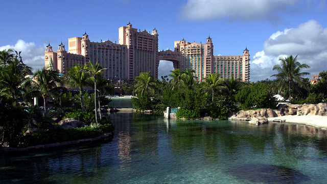 PHOTO: The Royal Towers hotel of Atlantis is surrounded by saltwater lagoons full of fish that can be seen from underground as well as from above on Paradise Island in Nassau, Bahamas.
