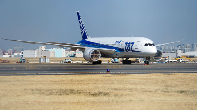 PHOTO: A Boeing Co. 787 Dreamliner aircraft operated by All Nippon Airways Co. (ANA) stands with its engines covered at Haneda Airport in Tokyo, Japan, Jan. 30, 2013.