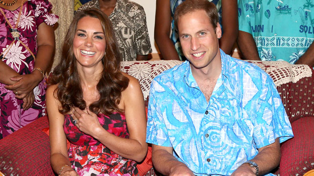 PHOTO: Catherine, Duchess of Cambridge and Prince William, Duke of Cambridge pose wearing traditional island clothing during a visit to the Governor Generals house as part of their Diamond Jubilee tour of the Far East on September 16, 2012 in Honiara, Gu
