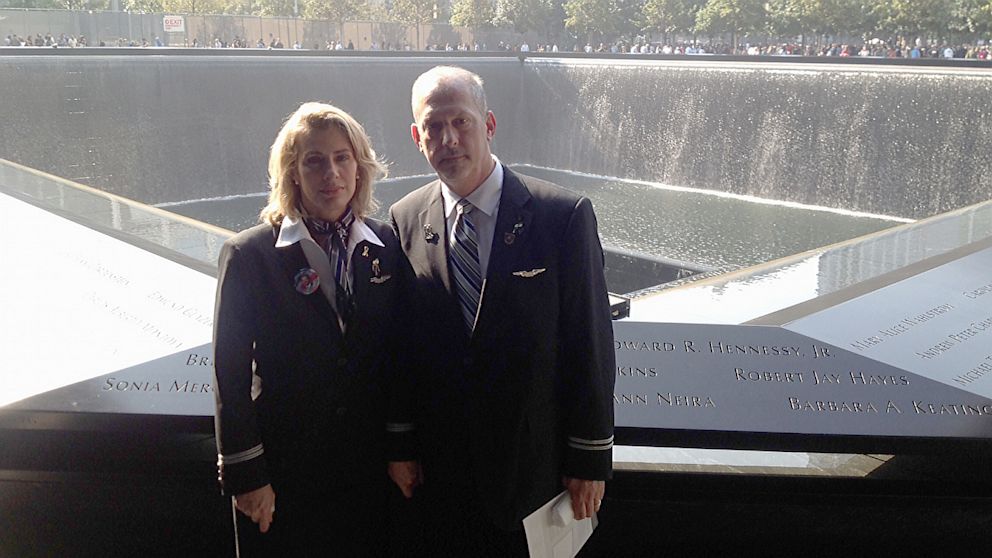 PHOTO: AFA International Vice President Sara Nelson and AFA President at United Airlines Greg Davidowitch mark moment of silence at 9-11 Memorial in New York City