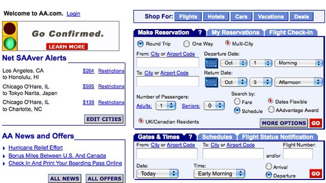 PHOTO: An archive image of American Airlines website from 2005, shows low airfare compared to recent prices.