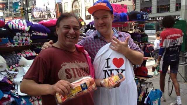 PHOTO: Josh Sankey in New York City where he bartered bacon for memorabilia. He will travel cross-country with nothing but a truck full of bacon as barter for food, lodging, gas and anything else he needs.