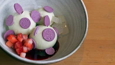 PHOTO: This Japanese-inspired piece of edible art features LAMILL Baltimore passionfruit green tea ice cream, hibiscus meringues, fresh strawberries and honey gelee.