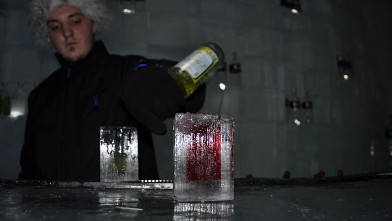 PHOTO: Stiff drinks are served in glasses made of ice, with a squared-off shape that nods to contemporary Swedish design. The novelty makes drinking more than one almost irresistible, and because these ?glasses? melt, they?re the ultimate in recycling.