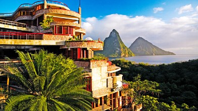 PHOTO: Jade Mountain sits on the edge of the Caribbean Sea with St Lucia's magnificent Piton Mountains as the primary view.