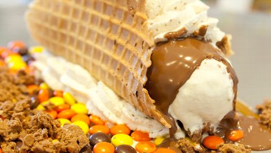 PHOTO: This is the cutest of many delicious, and creative, signature desserts on Sea Island. It features vanilla ice cream, a peanut butter "Magic Shell," caramel and chocolate chip whipped cream in a waffle-cone shell.