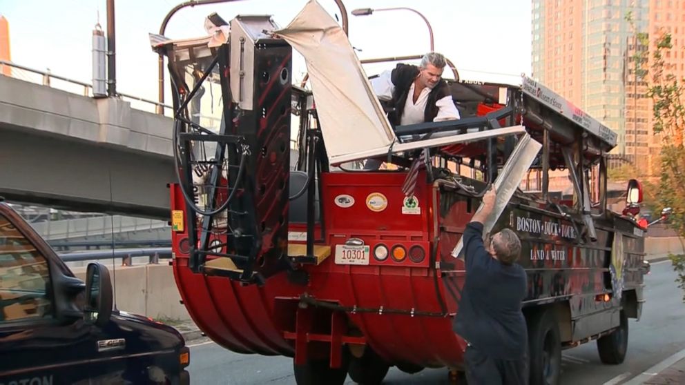 Part of the roof of a Boston duck boat was torn off after a driver 