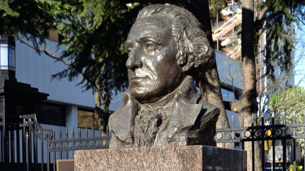 PHOTO: A bust of the first U.S. President, George Washington (1732-1799) on the campus of G.W.U. George Washington University, founded in 1821.