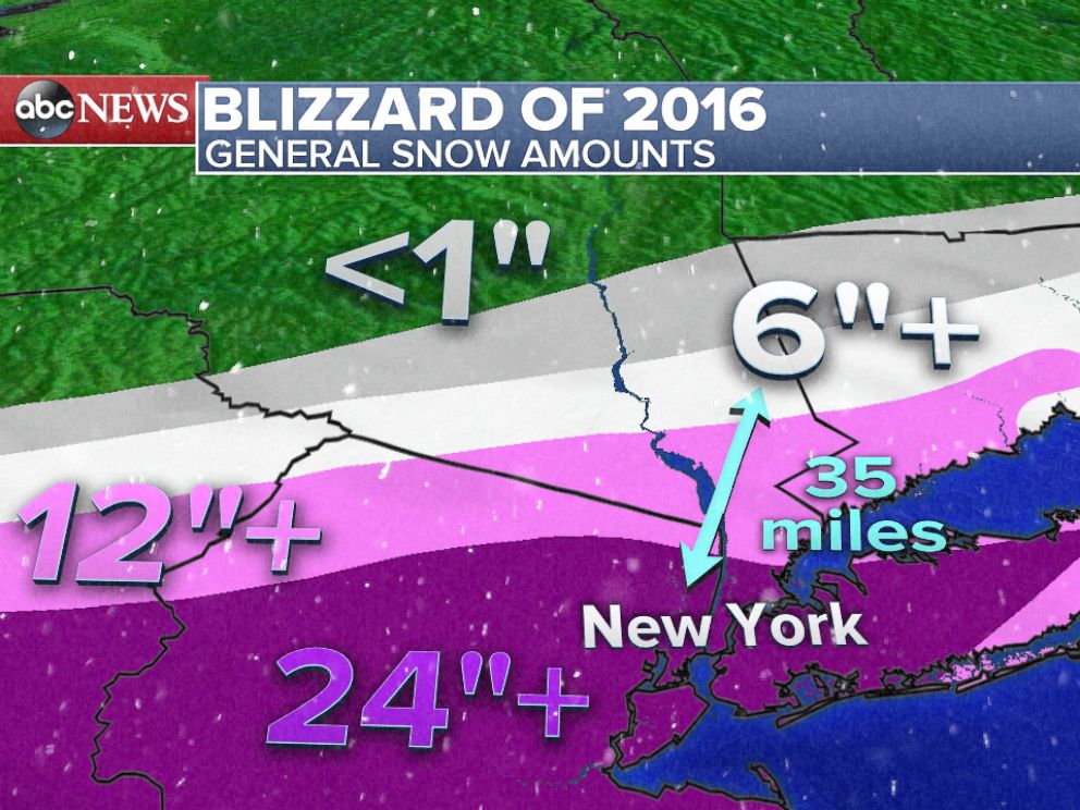 PHOTO: Summary of how much snow fell across the greater New York City area from the Blizzard of 2016.