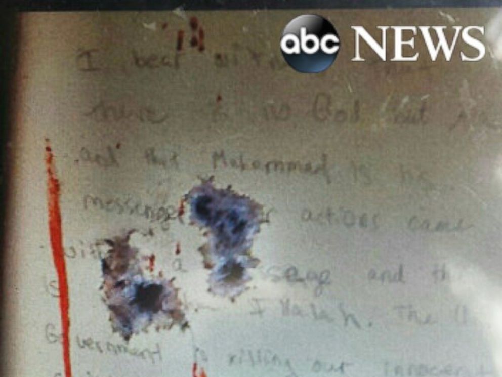 PHOTO: This image, obtained exclusively by ABC News, appears to show the anti-American message allegedly written by Boston Marathon bombing suspect Dzhokhar Tsarnaev on the wall of a boat in which he hid just before being arrested last year.