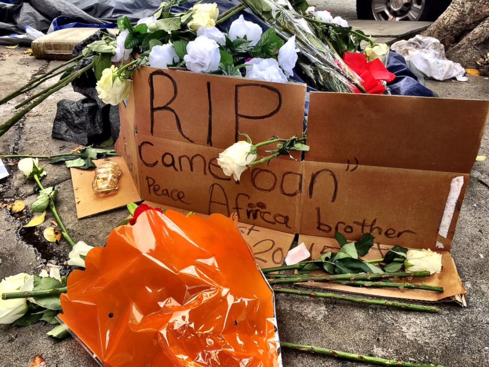 PHOTO: Flowers and signs were seen on Monday March 2 near the site of the shooting of a man on Los Angeles Skid Row.