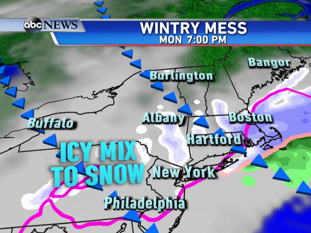 PHOTO: By Monday evening, colder air will be moving south changing the wintry mix back to all snow.