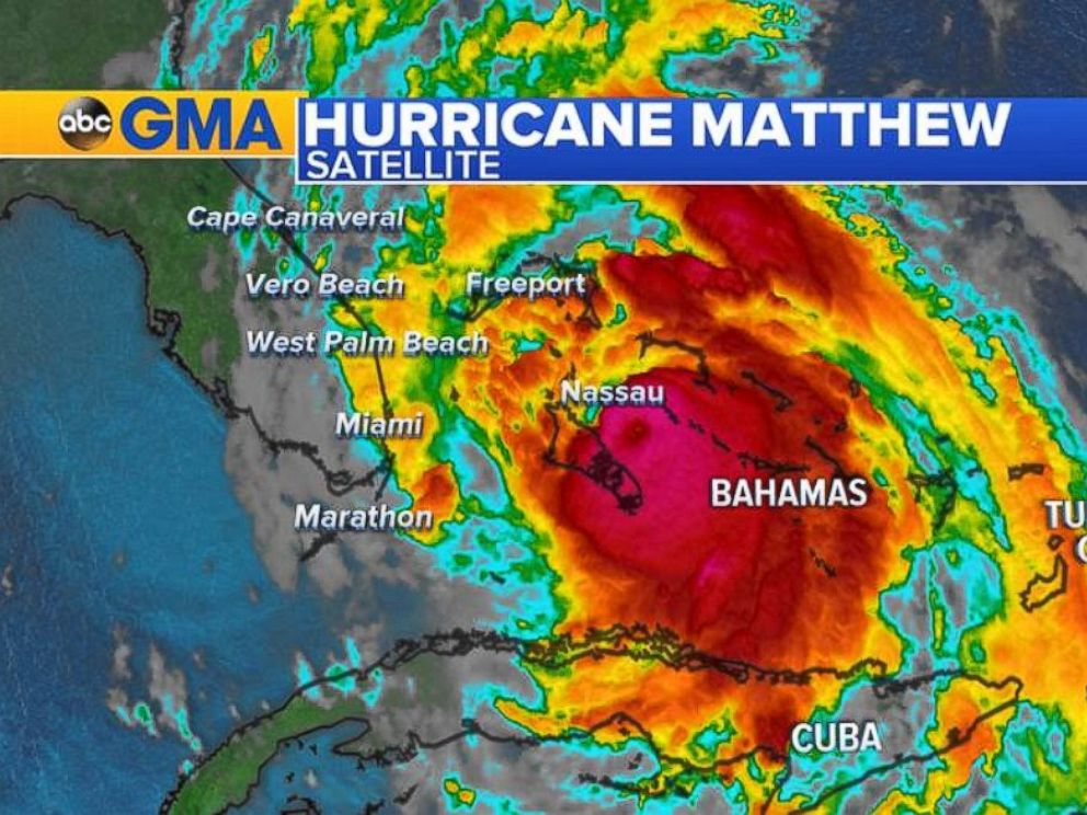 PHOTO: As of 8 a.m. ET Thursday, Hurricane Matthews center was 30 miles south of the Bahamas capital of Nassau and 215 miles southeast of West Balm Peach, Florida.