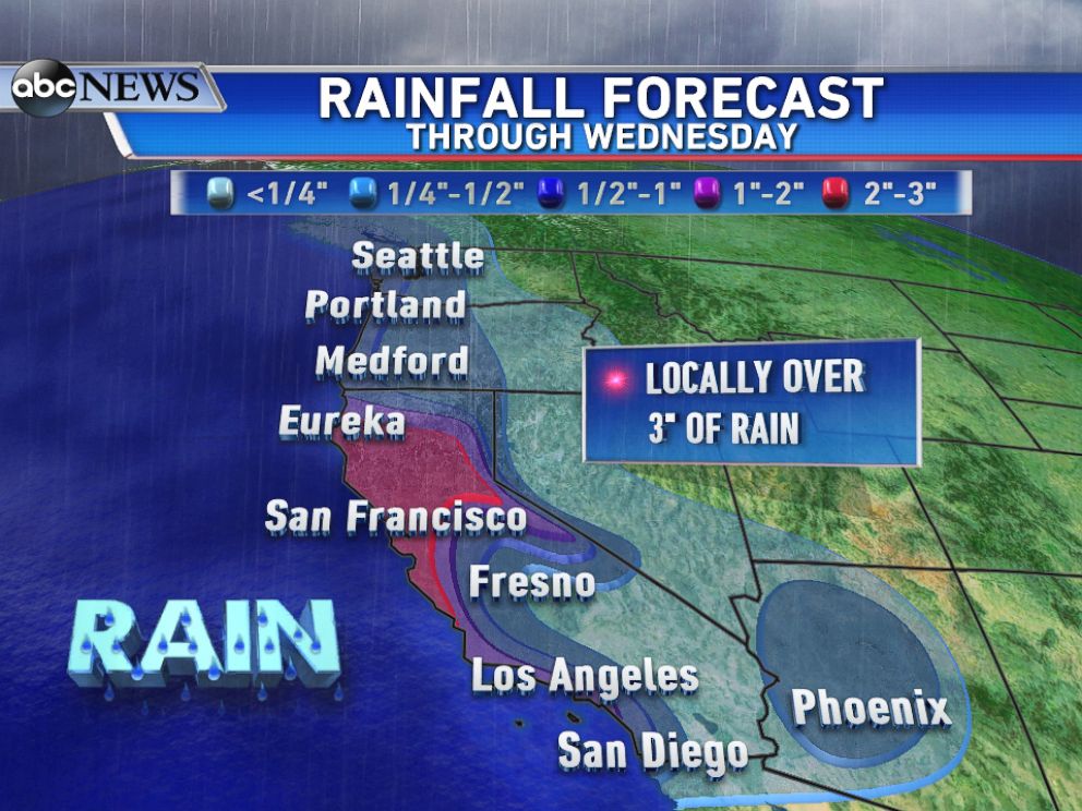 PHOTO: Expected rainfall totals through Wednesday show the highest totals focusing over northern half of California.