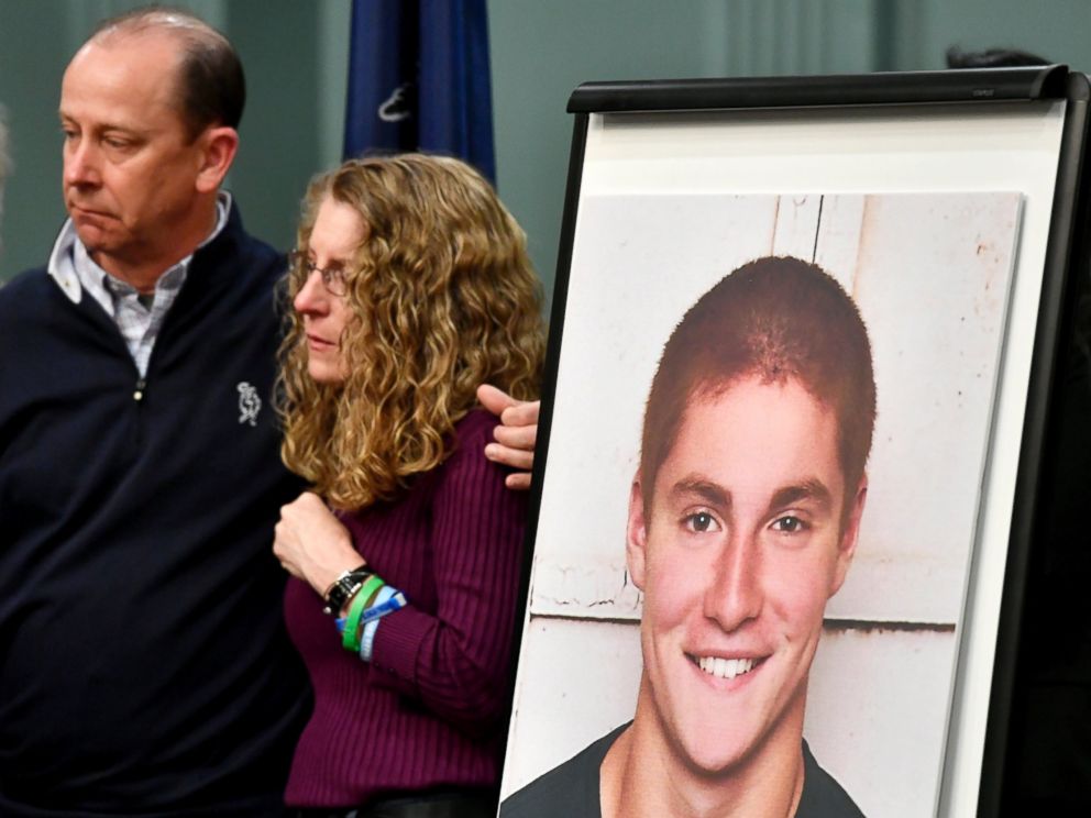 PHOTO: Jim and Evelyn Piazza, the parents of Timothy Piazza, shown in photo, stand together at a press conference where the results of an investigation into the death of their son, were announced, May 5, 2017, in Bellefonte, Pa.