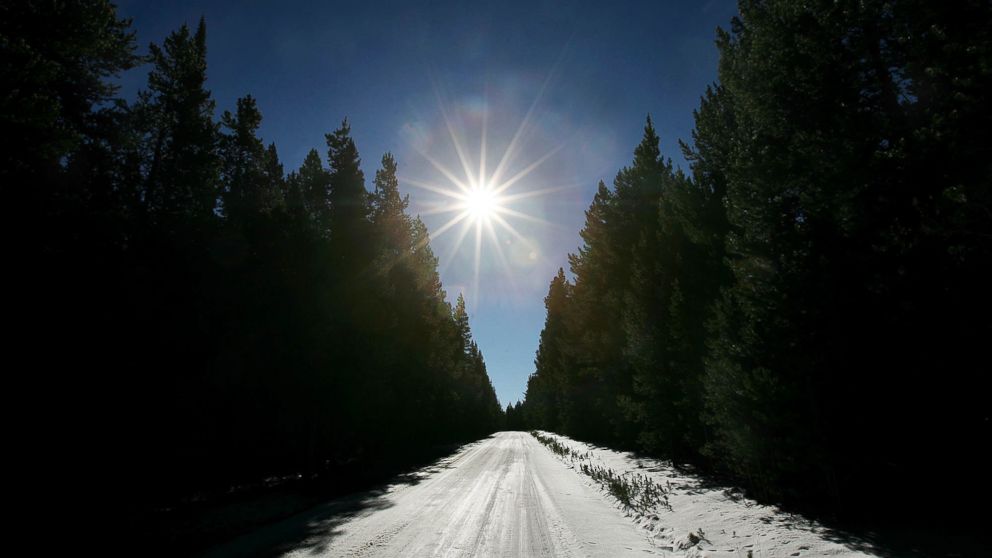 PHOTO: Sunlight illuminates a country road covered in snow near Fox Park in Medicine Bow National Forest in this Oct. 25, 2007 file photo.