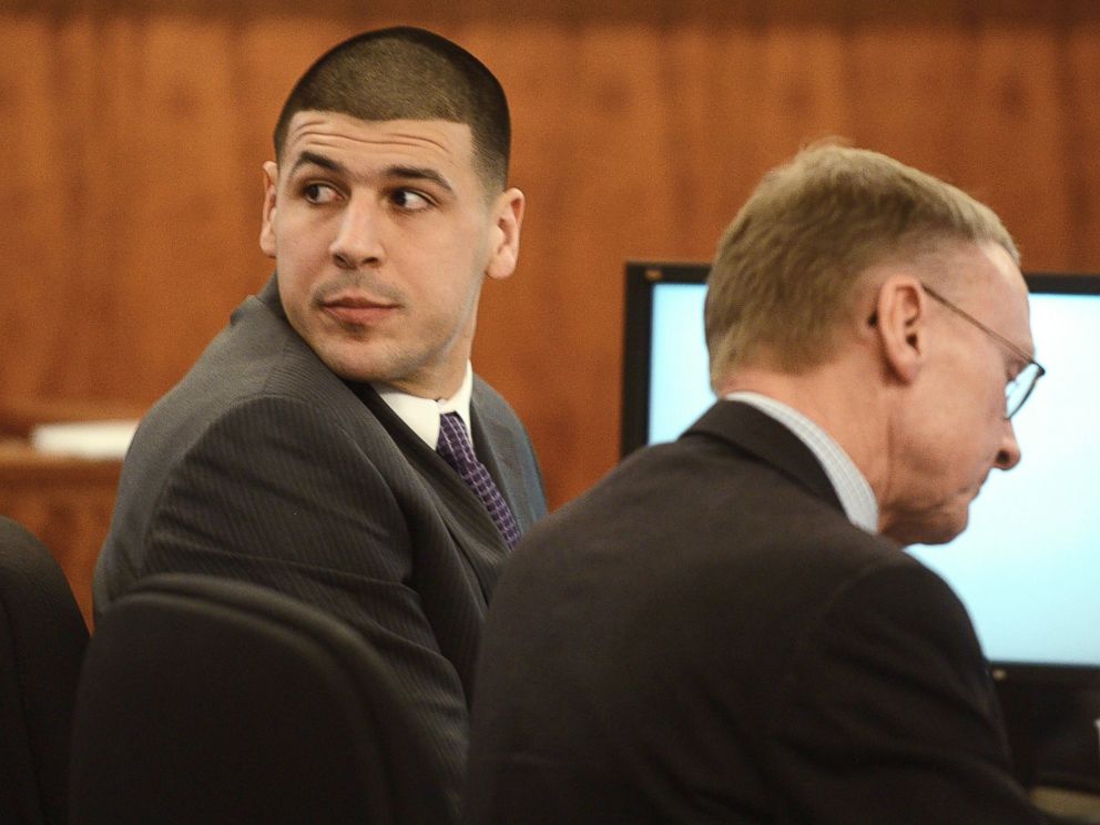 PHOTO: Aaron Hernandez, left, sits with his attorney Charles Rankin during his trial at Bristol Superior Court, Feb. 11, 2015, in Fall River, Mass.