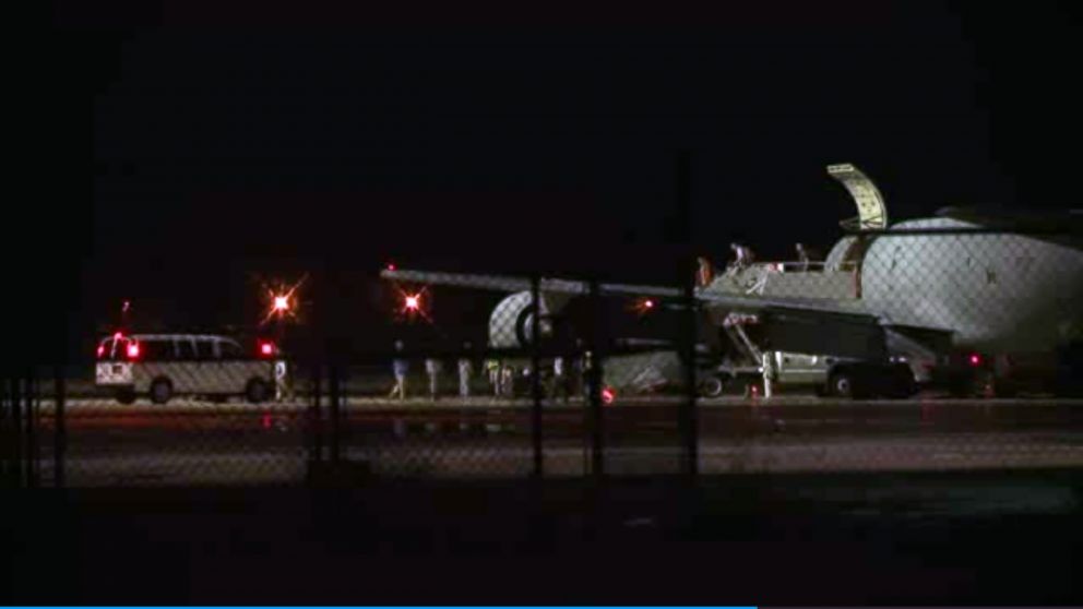 PHOTO: A plane carrying Bowe Bergdahl, the Army sergeant who has been recovering in Germany after years as a Taliban captive, sits at Lackland Air Force Base in San Antonio Texas, June 13, 2014.