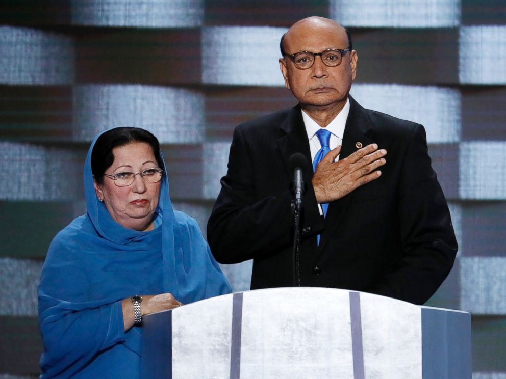 PHOTO: Khizr Khan, father of fallen US Army Capt. Humayun S. M. Khan, and his wife Ghazala speak during the final day of the Democratic National Convention in Philadelphia, July 28, 2016. 