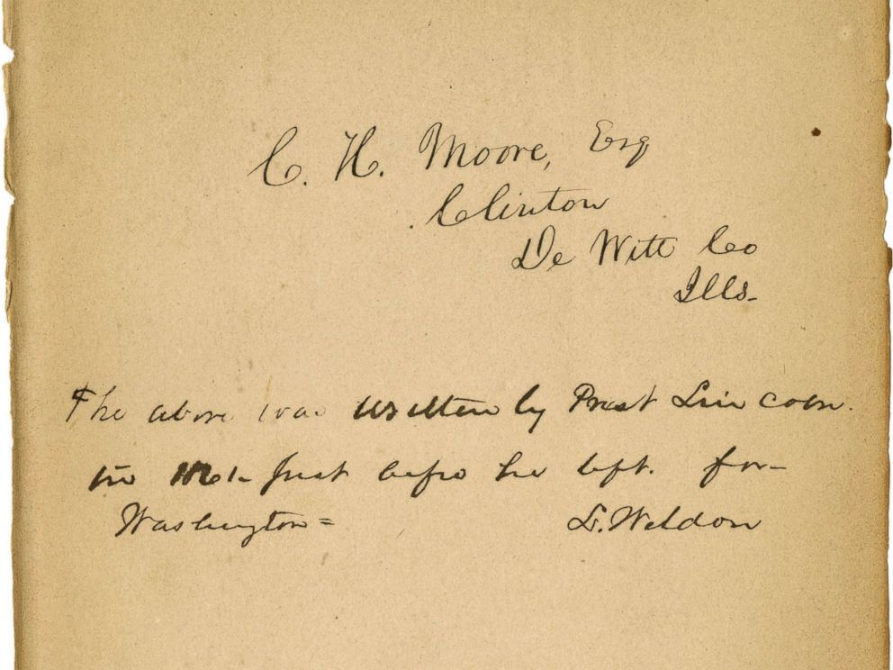 PHOTO: This undated photo provided by the Abraham Lincoln Presidential Library and Museum in Springfield, Ill., shows what historical experts say is Abraham Lincolns handwriting they?ve found inside a tattered book.