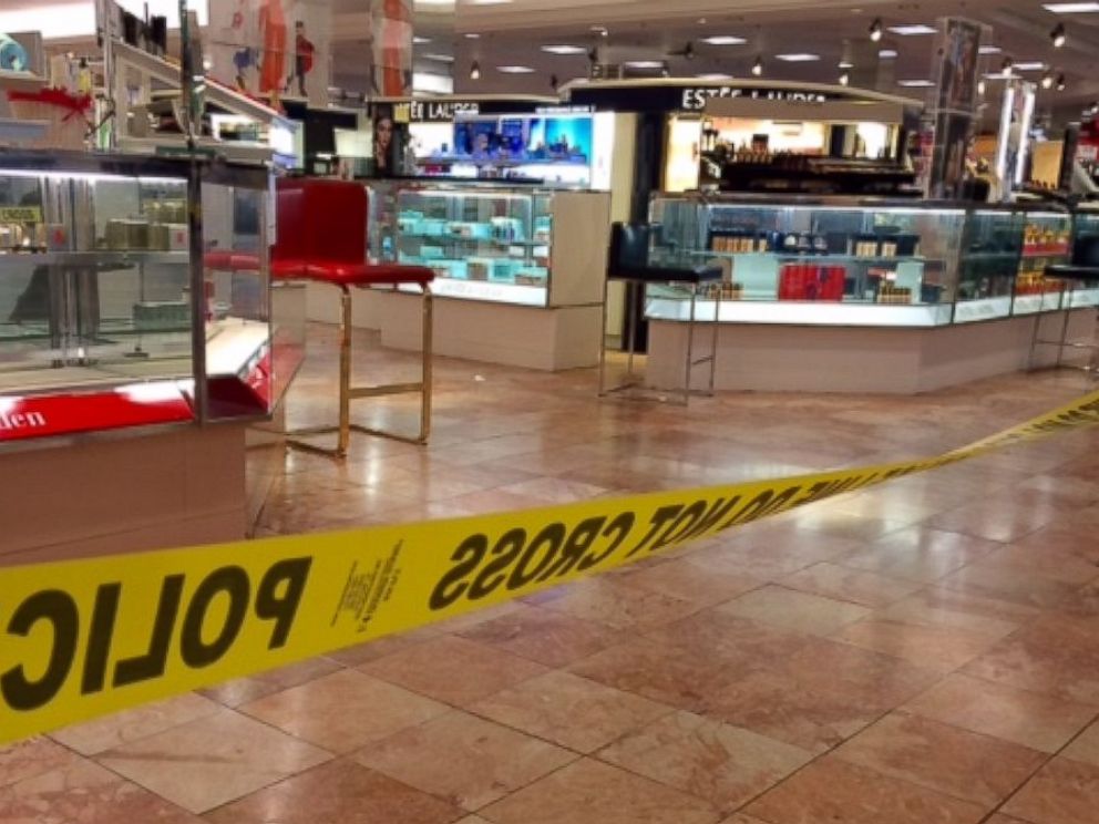 PHOTO: Crime scene tape is seen inside the Macys at the Silver City Galleria mall in Taunton, Mass., May 10, 2016. Multiple people have been stabbed separate attacks at the mall and a home in Massachusetts.