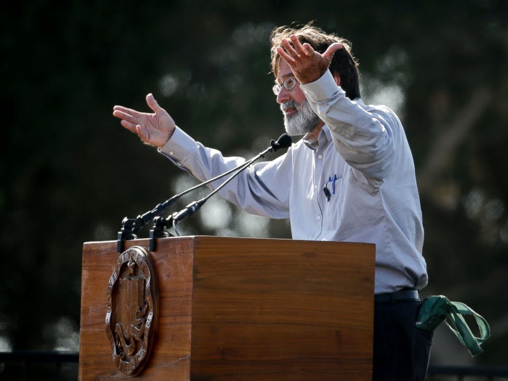 PHOTO: Richard Martinez talks about his son Christopher Michael-Martinez during a memorial service at Harder Stadium on the campus of University of California, Santa Barbara, May 27, 2014.