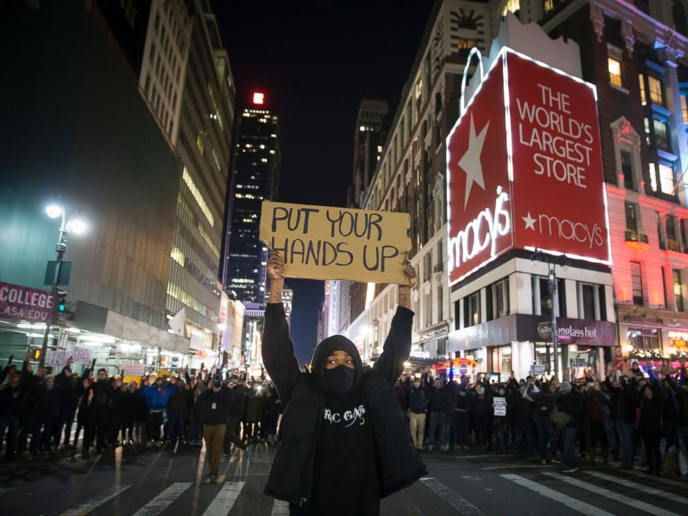 PHOTO: Protestors occupy Herald Square during march Dec. 4, 2014, in New York, against a grand jurys decision not to indict the police officer involved in the death of Eric Garner.
